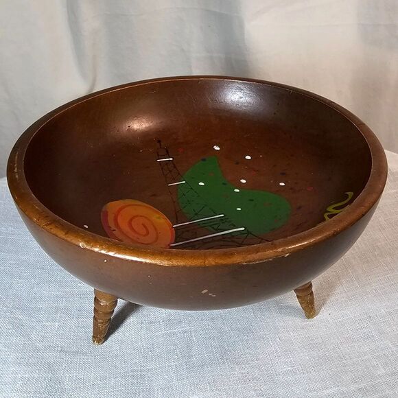 Vintage Woodpecker Woodware Bon Bon Wooden Footed Bowl Handmade Japan Paris - Picture 1 of 6